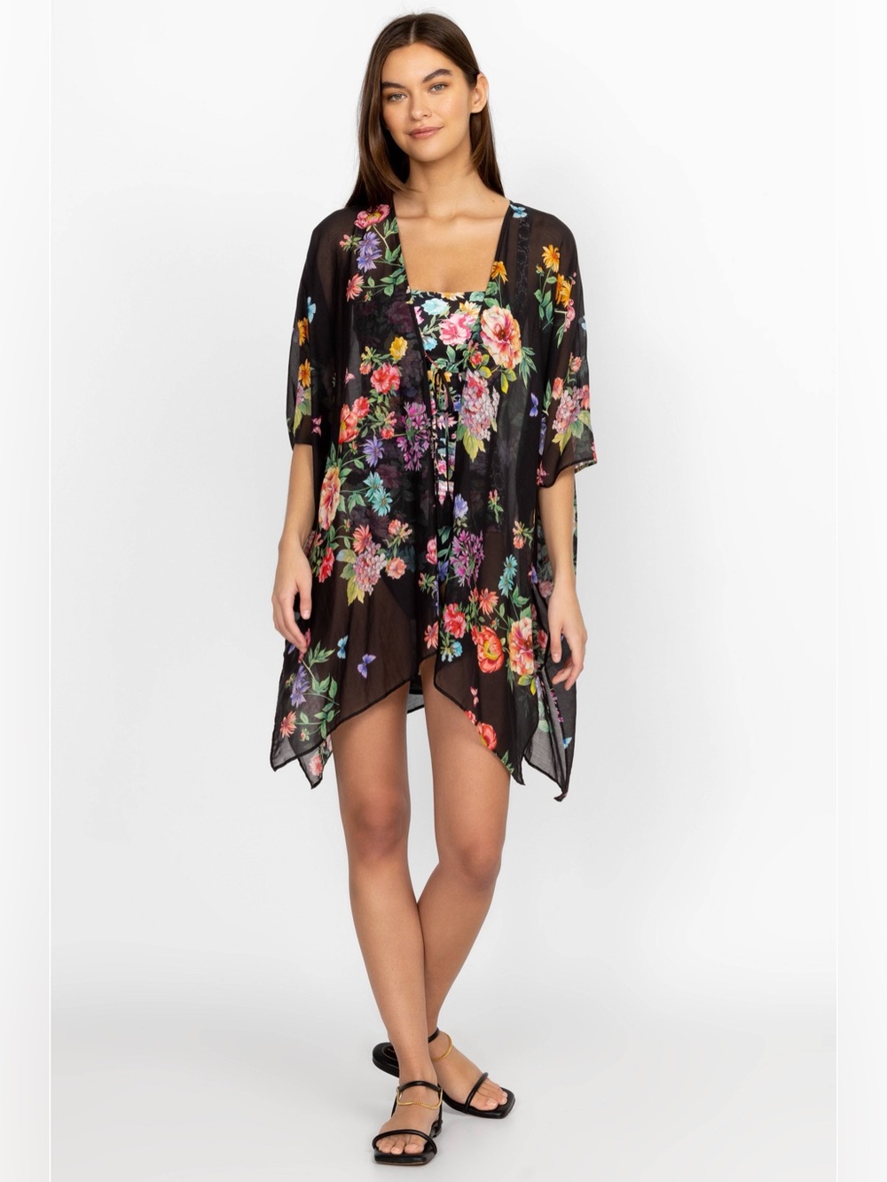 Johnny Was Black Butterfly Floral Silk Blend KIMONO Cover Up Front Tie S/M NWT